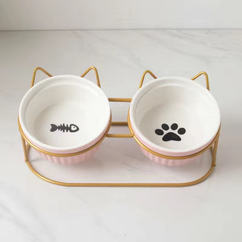 Tall Diagonal Ceramic Double Pet Water And Food Bowl Supplies