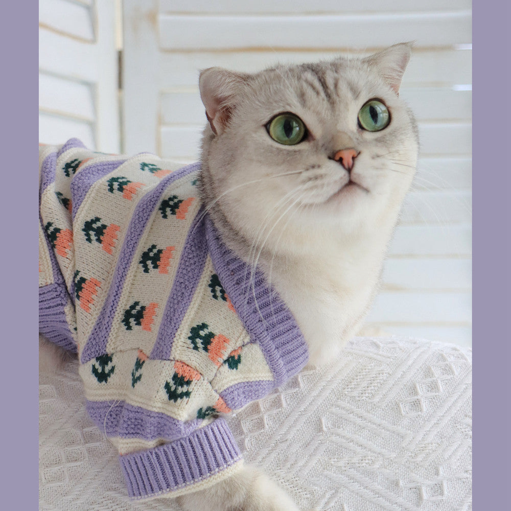 Retro Purple Flower Pet Sweater Autumn Winter Knitted Clothing