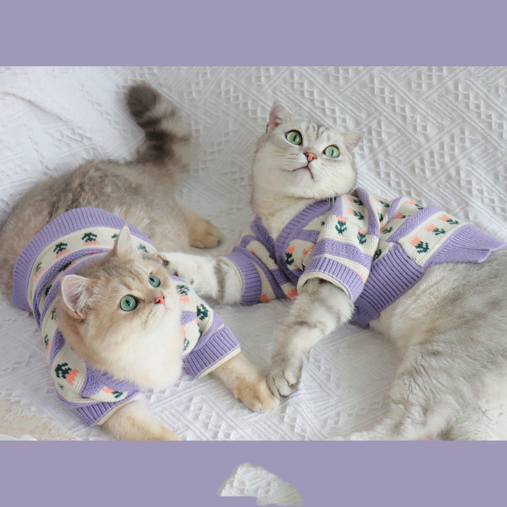 Retro Purple Flower Pet Sweater Autumn Winter Knitted Clothing