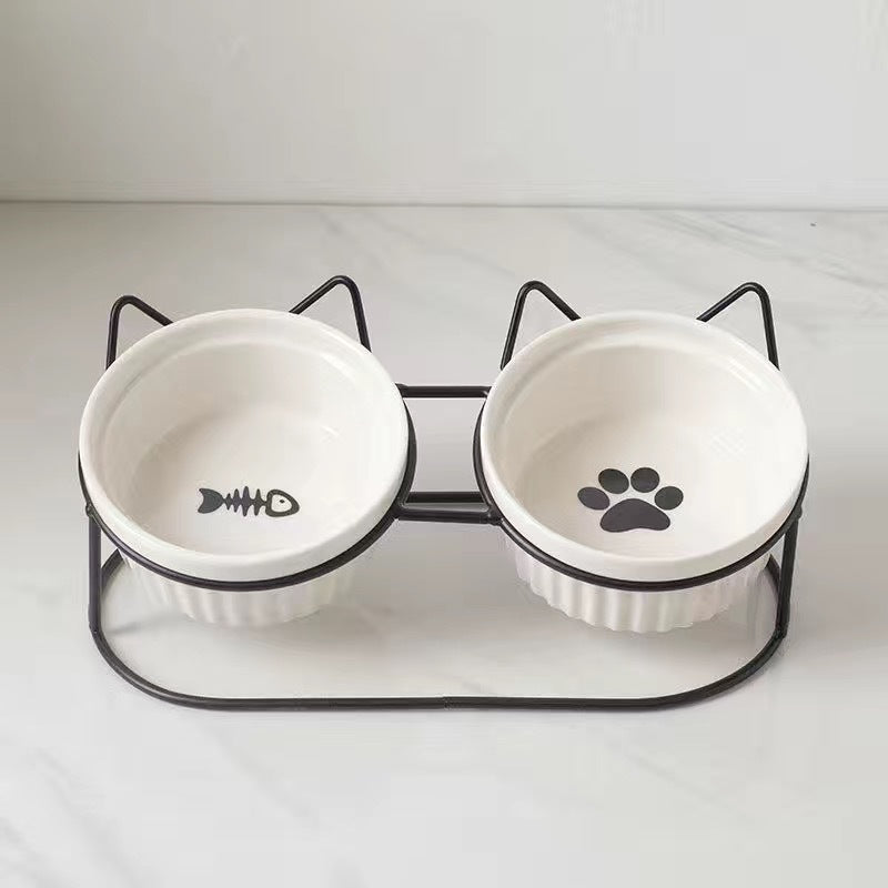 Tall Diagonal Ceramic Double Pet Water And Food Bowl Supplies