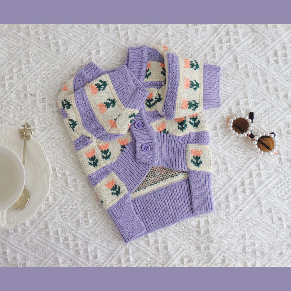Retro Purple Flower Pet Sweater Autumn Winter Knitted Clothing