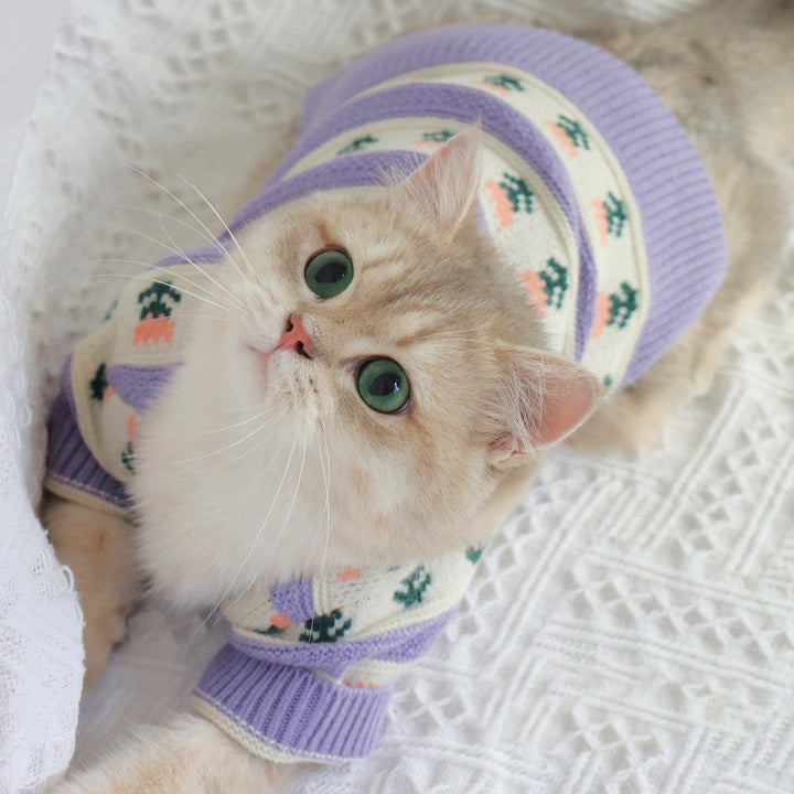 Retro Purple Flower Pet Sweater Autumn Winter Knitted Clothing